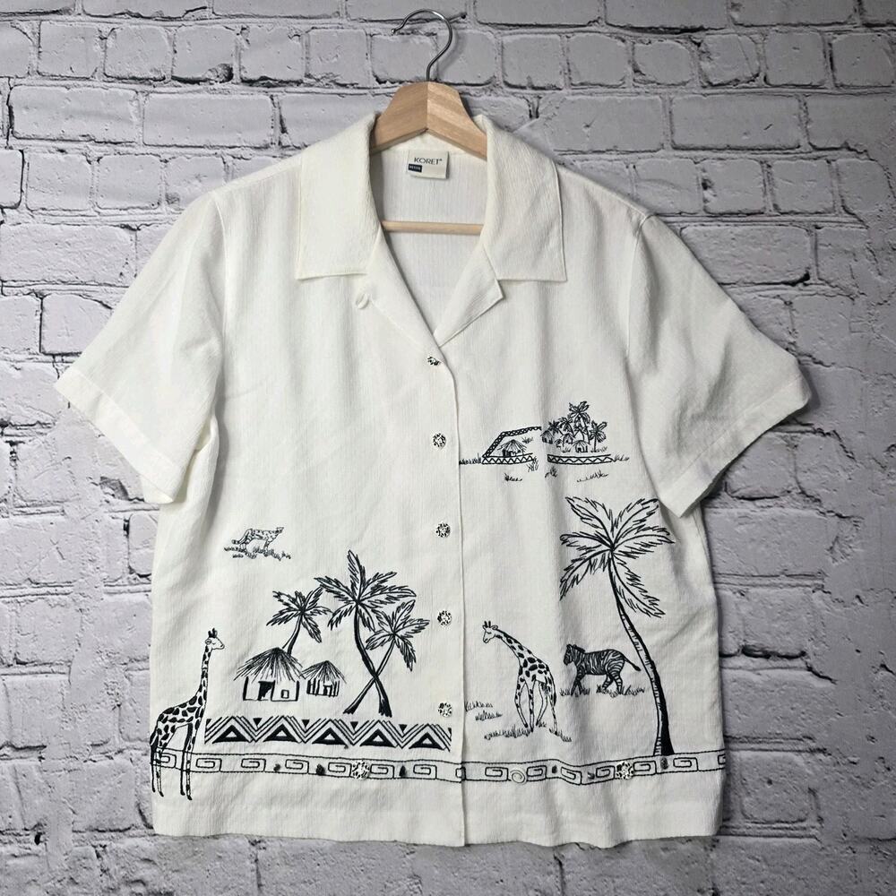 Vintage Koret Safari Animal Stitch Embroidered Short Sleeve Button Up Boxy Sz S?